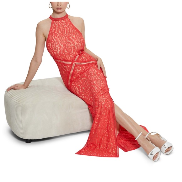 NWT GUESS Women's New Liza Lace Halter Sleeveless Gown, size M - Picture 4 of 4